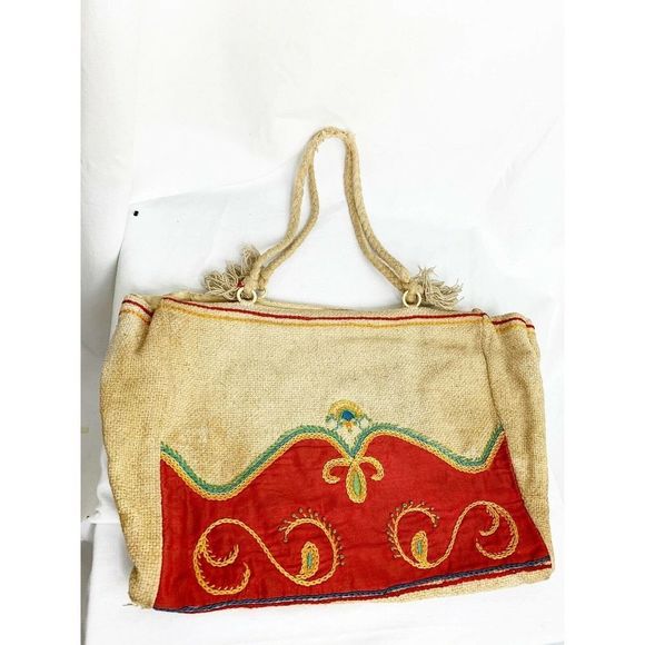 Unbranded Handbags - Vtg Bohemian Burlap Embroidered Tote Bag w/ Rope